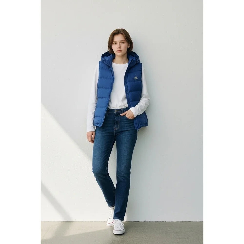 Adidas Hooded Puffer Vest Royal Blue Quilted Full Zip Sleeveless Jacket M‎ - Picture 2 of 14